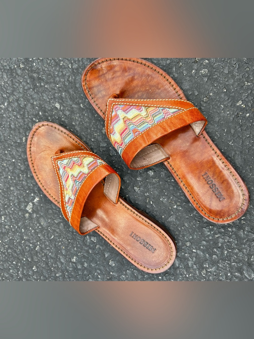 Vintage Missoni leather and fabric flip flops thong sandals size 9